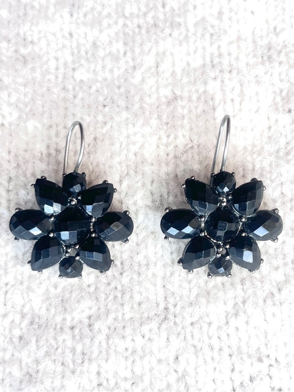 Midnight Noir Crystal Floral Cluster Earrings - Gothic Glam - Black Drop